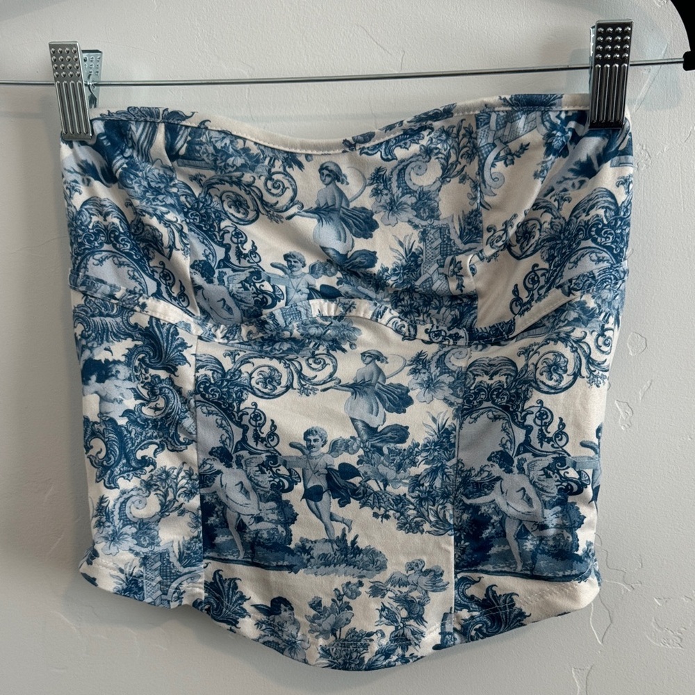Brand New Toile Strapless Bustier Crop Top in Blue & White